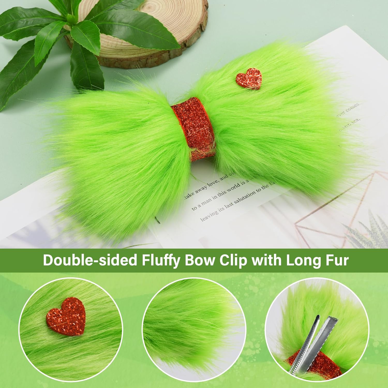 7 Green Furry Christmas Hair Bow Clip with Red Heart