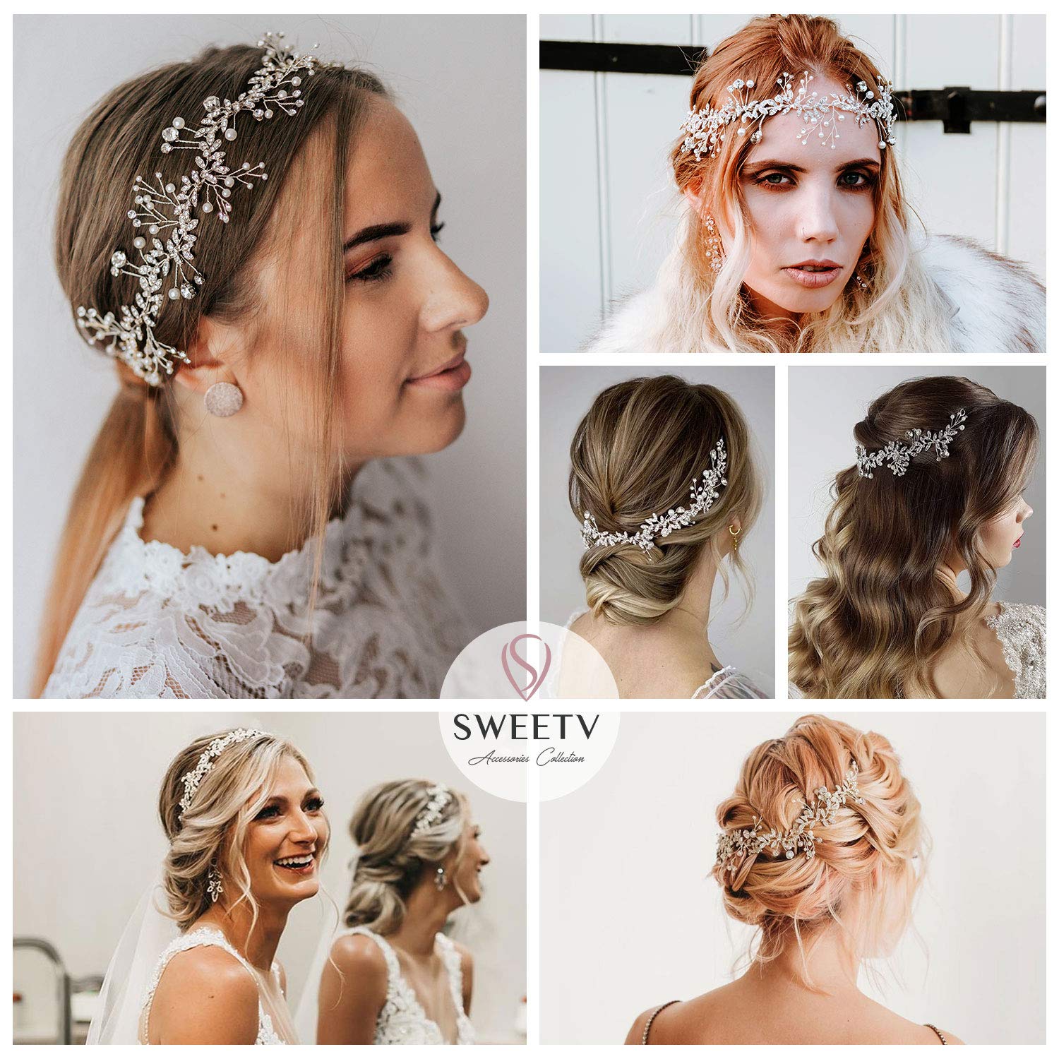 SWEETV Crystal Wedding Headband with Pearls and Rhinestones