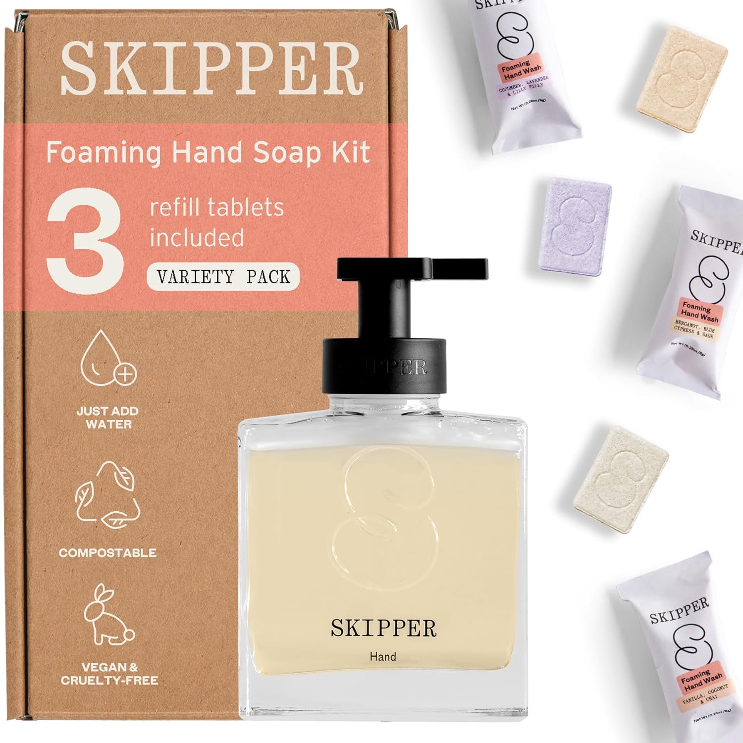Skipper Hand Wash Single Kit - 1 Glass Dispenser 3 Tablet Refills