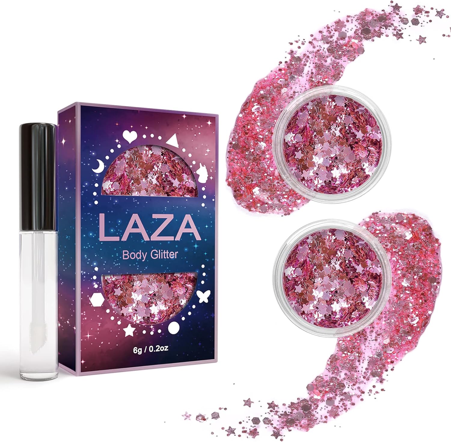 Laza Body Glitter - 2 Jars Pink Iridescent Sequins with Glitter Glue