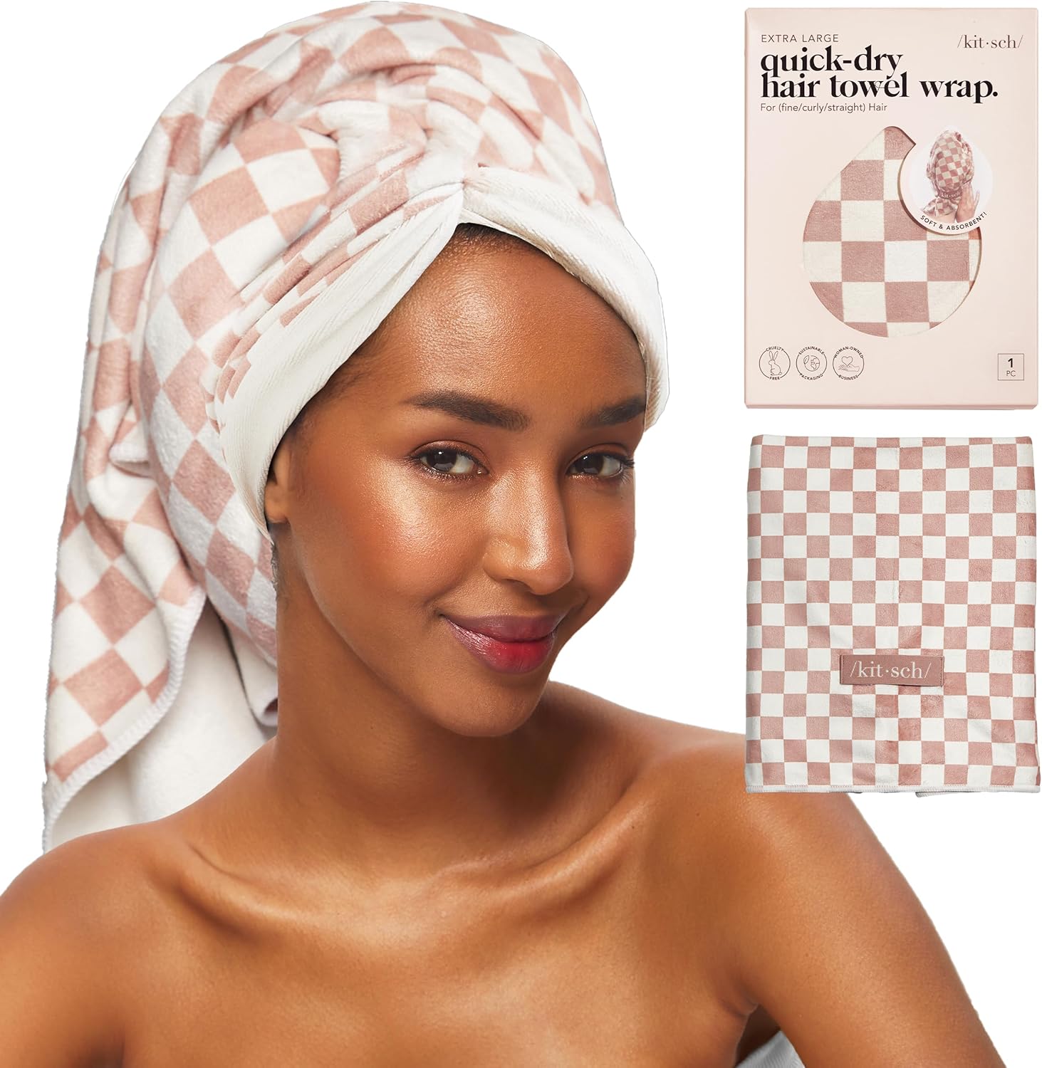 Kitsch XL Microfiber Hair Towel - Terracotta Checker