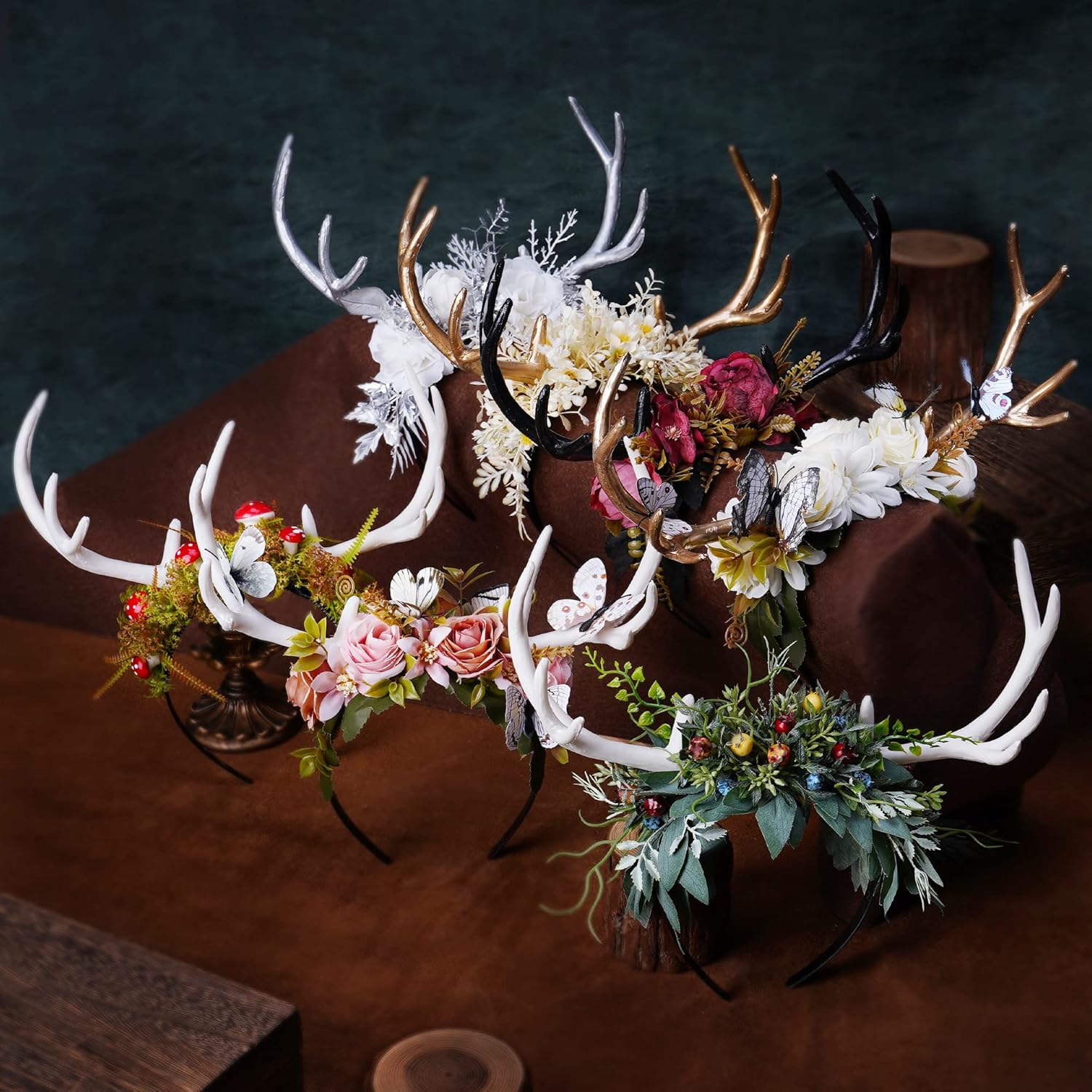 MOSTORY White Antler Headband with Flower Crown for Women Girls