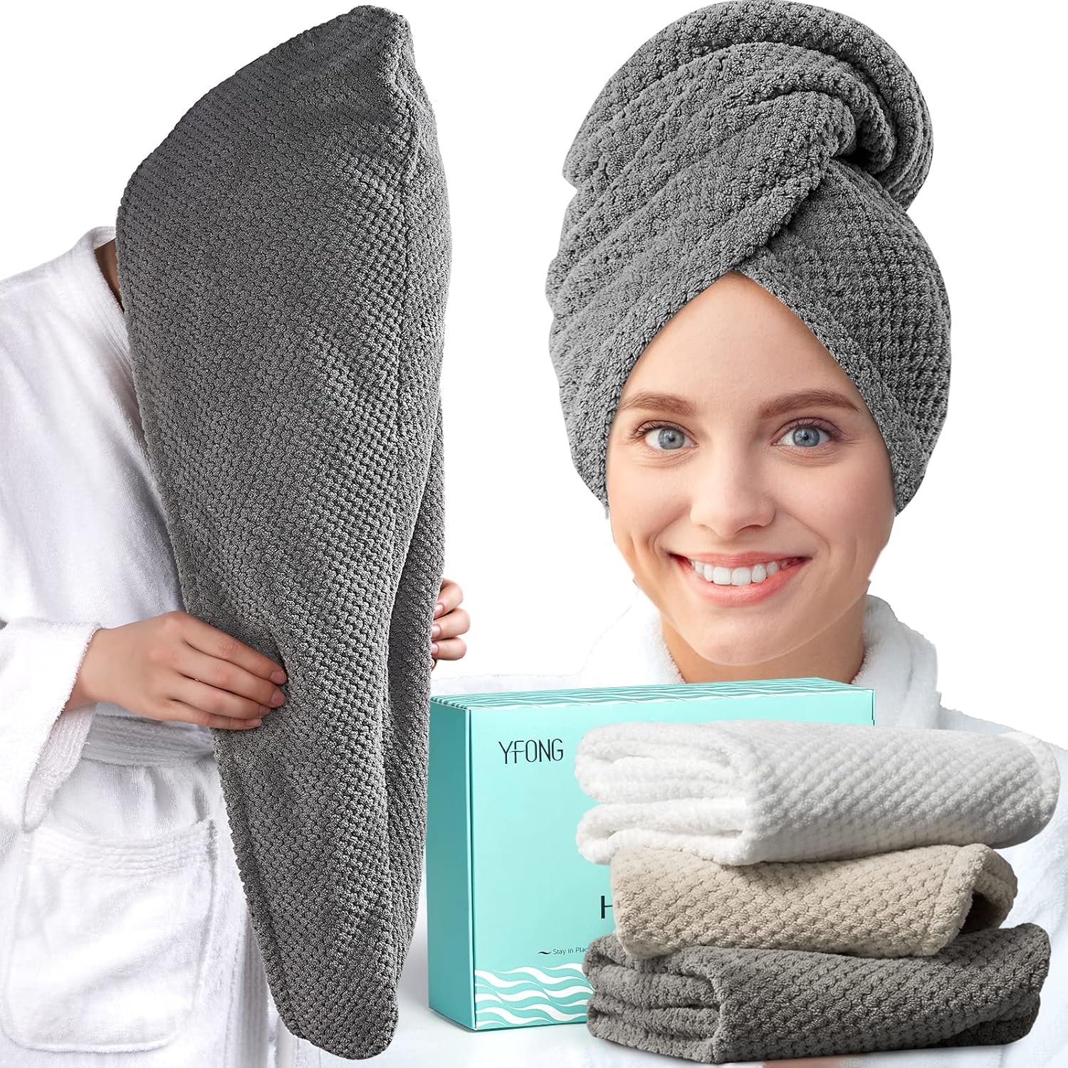 YFONG 3 Pack Large Microfiber Hair Towel Wrap 1