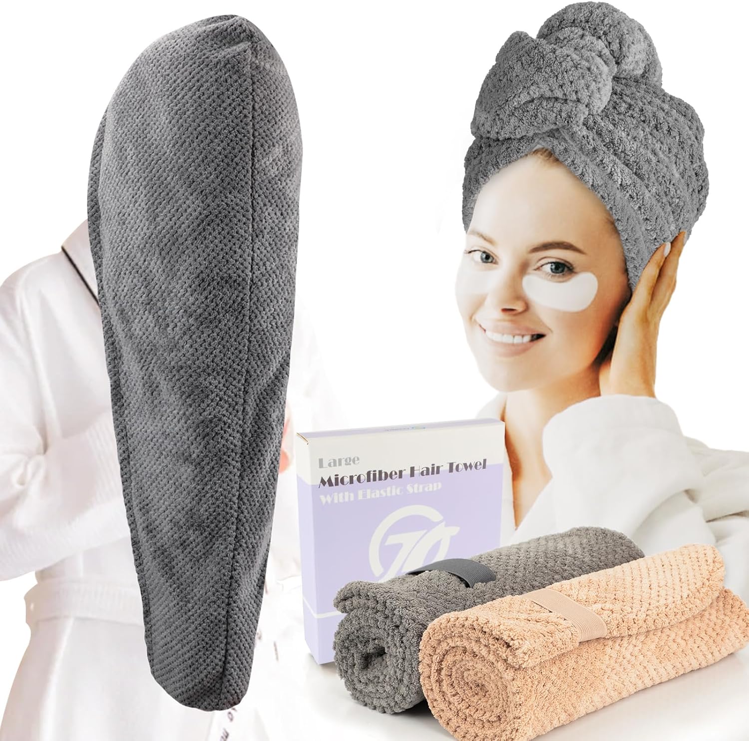 FREATECH 2-Pack Large Microfiber Hair Towel with Elastic Band