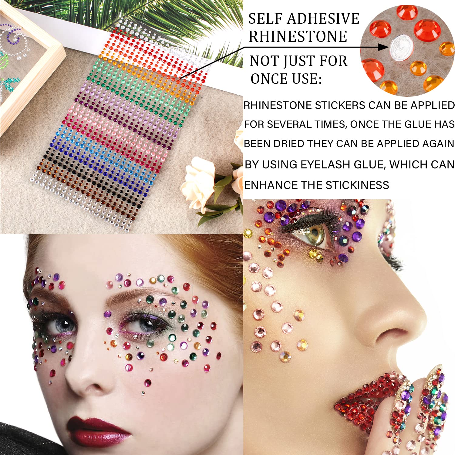 1250 Pcs Self Adhesive Rainbow Face Gems for DIY Makeup