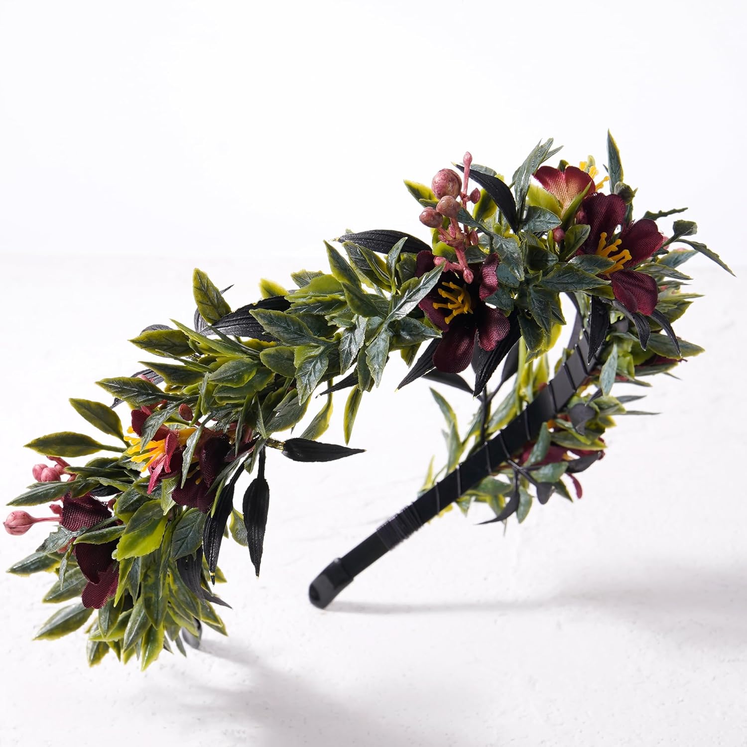 KorViSHOW Leaf Flower Crown Dark Red Headband for Women Girls