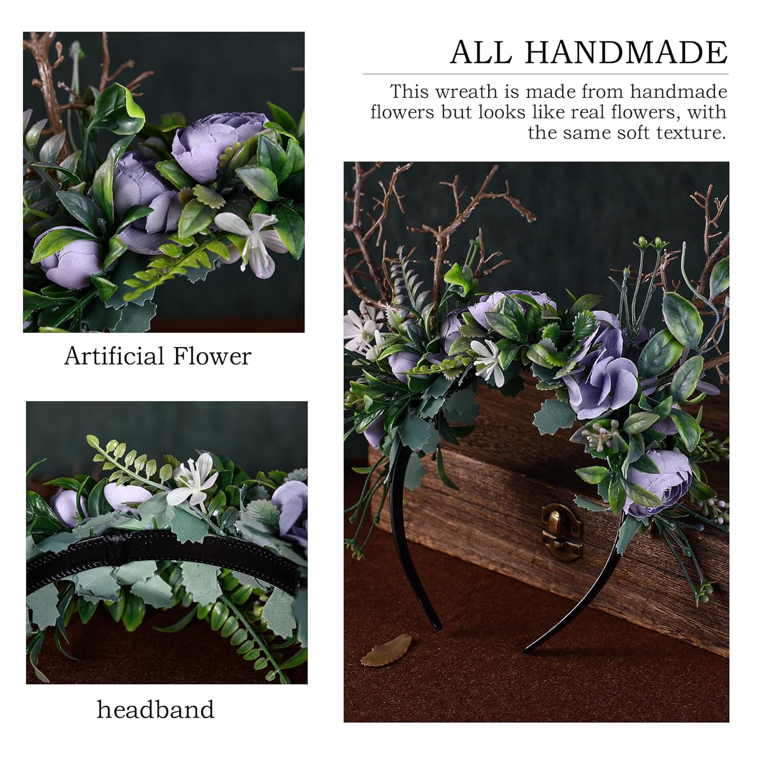 MOSTORY Woodland Branch Headband with Purple Rose