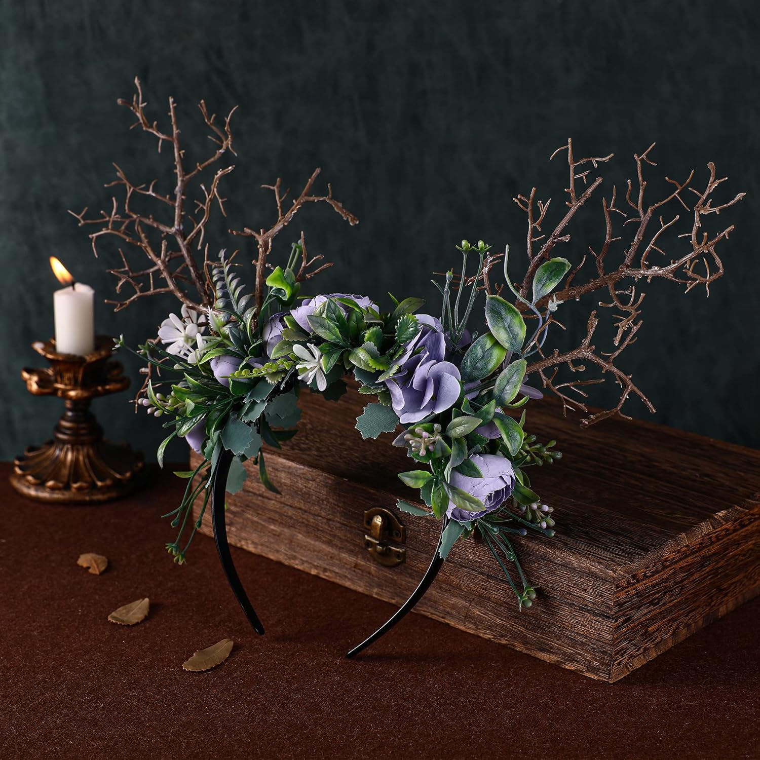 MOSTORY Woodland Branch Headband with Purple Rose