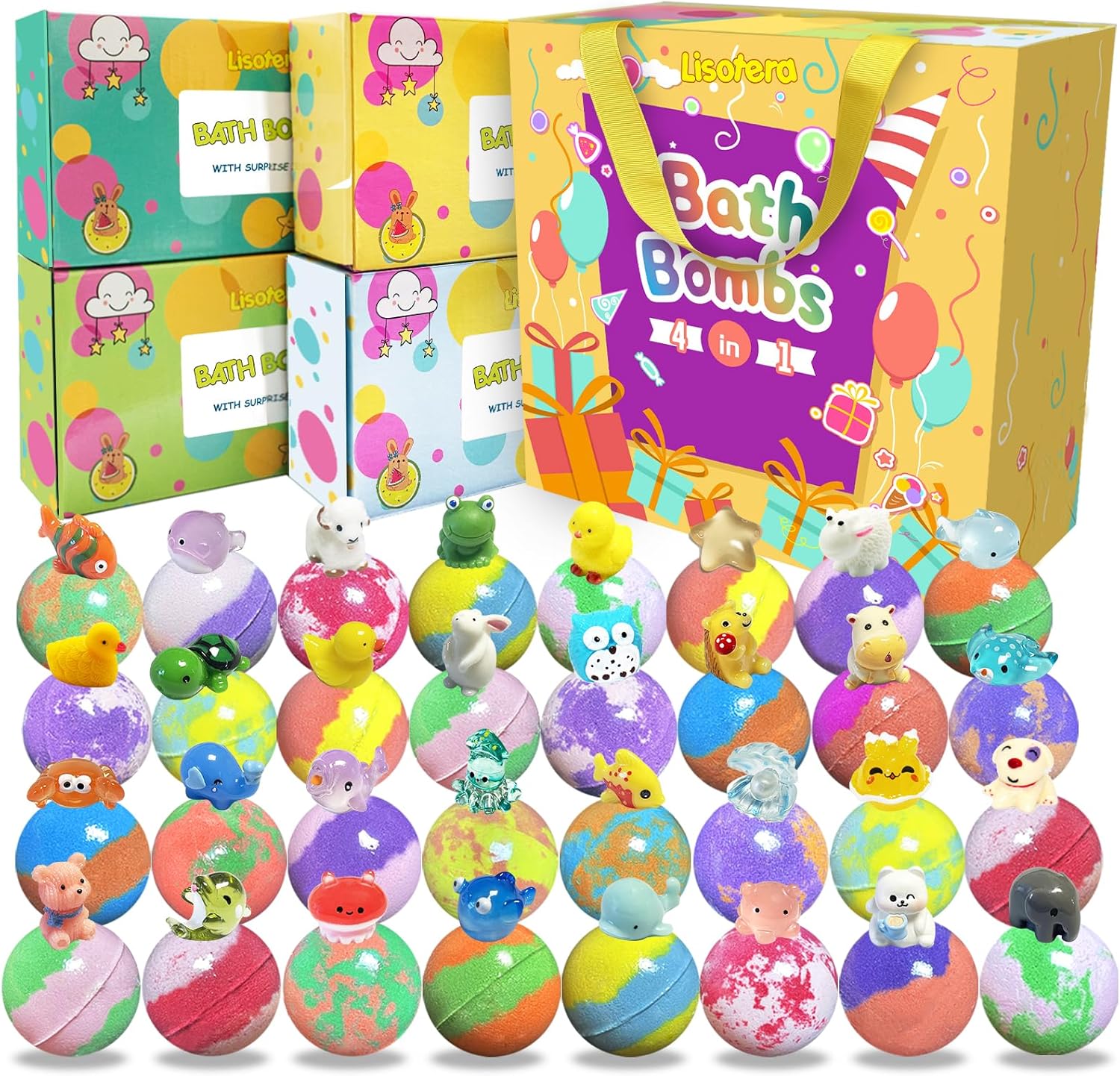 Lisotera 32 Pack Bath Bombs with Animal Toys for Kids