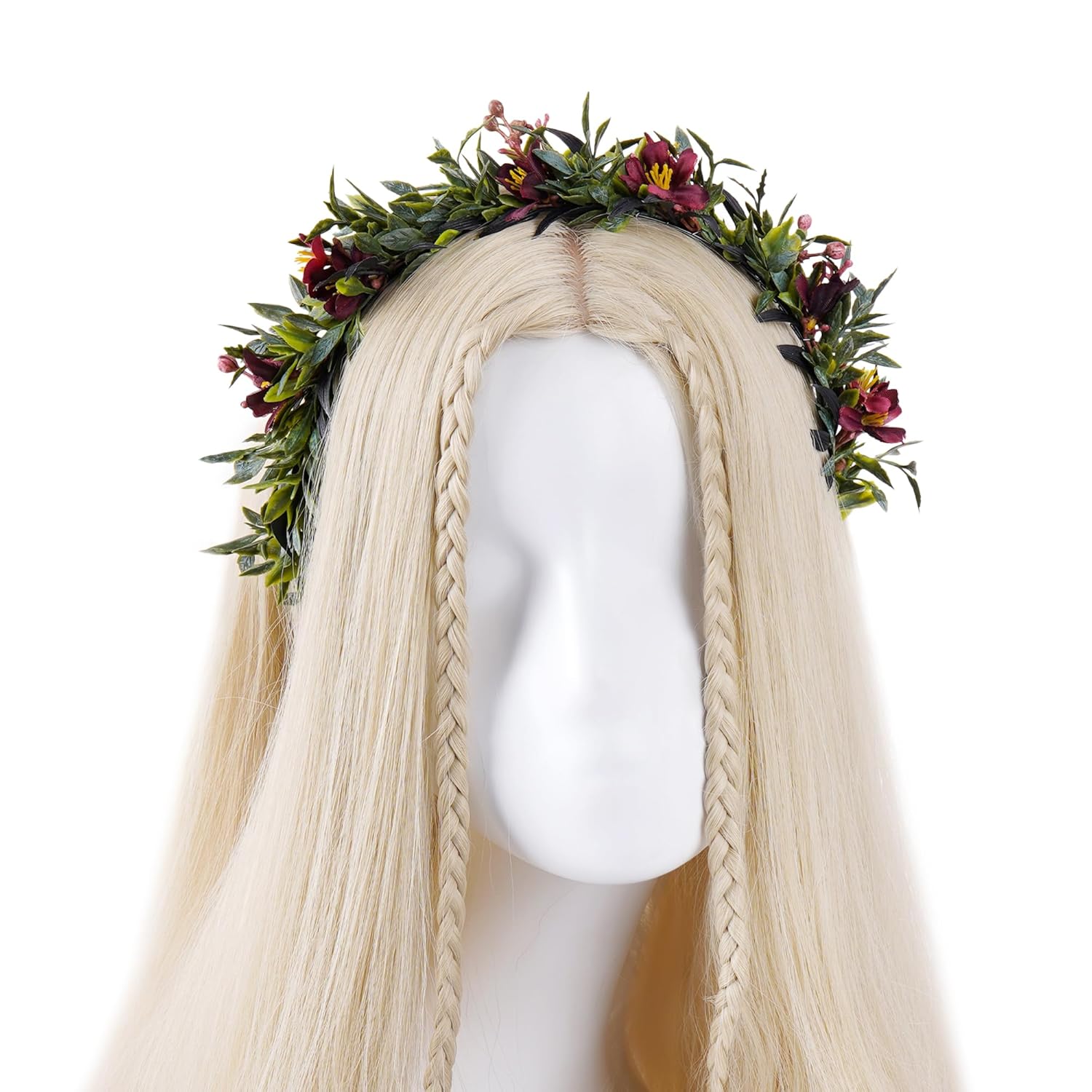 KorViSHOW Leaf Flower Crown Dark Red Headband for Women Girls