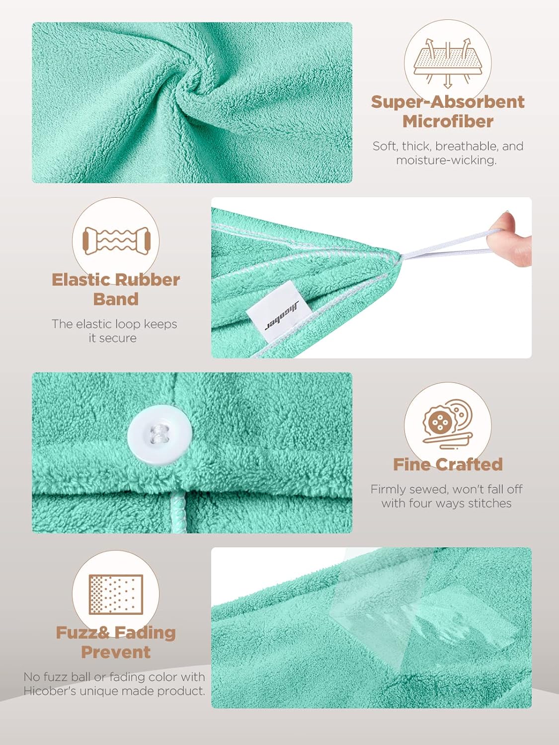 Hicober Microfiber Hair Towel Wrap - Purple Green Grey Pack of 3