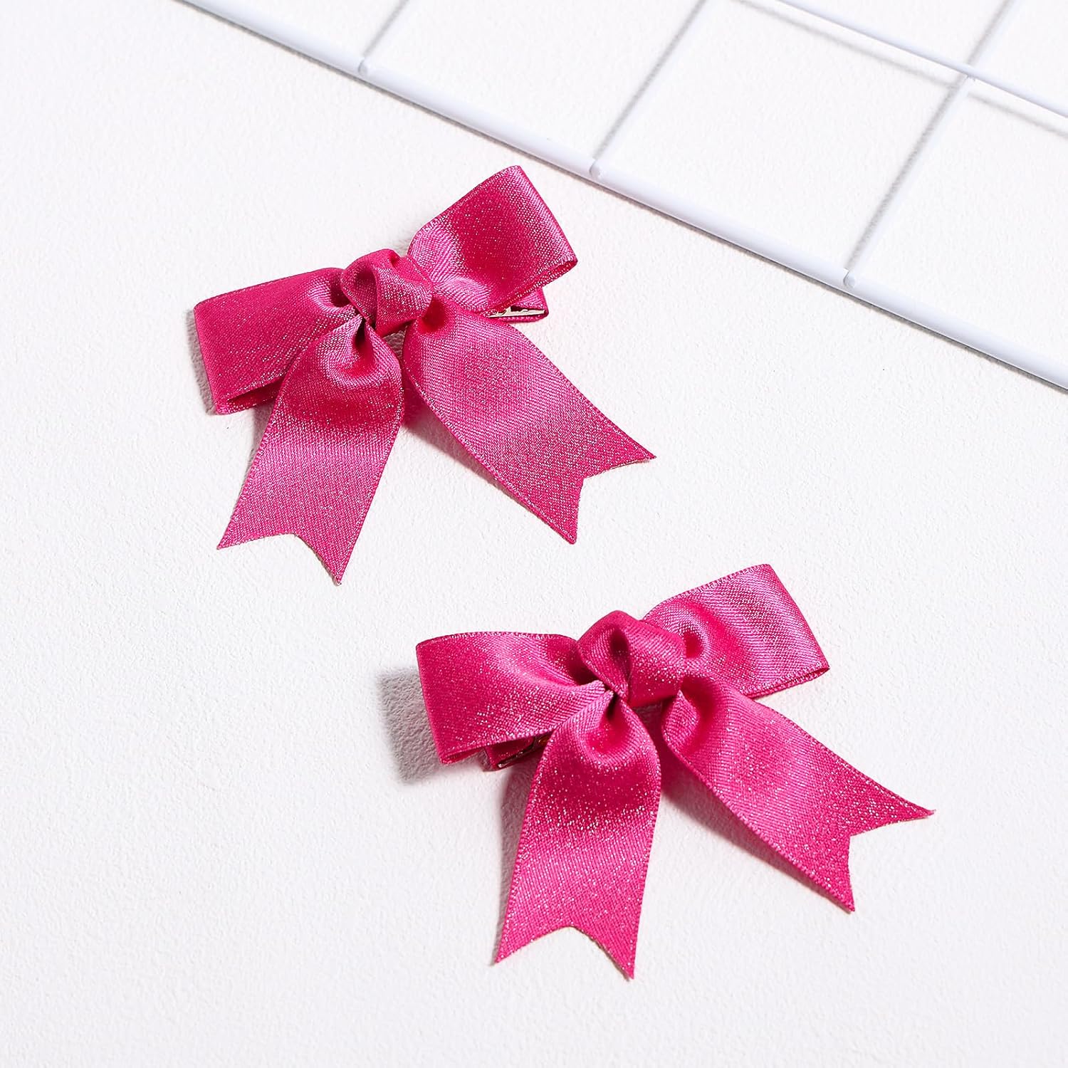 KCHIES Glitter Hot Pink Hair Bow Clips 3 Handmade Pair