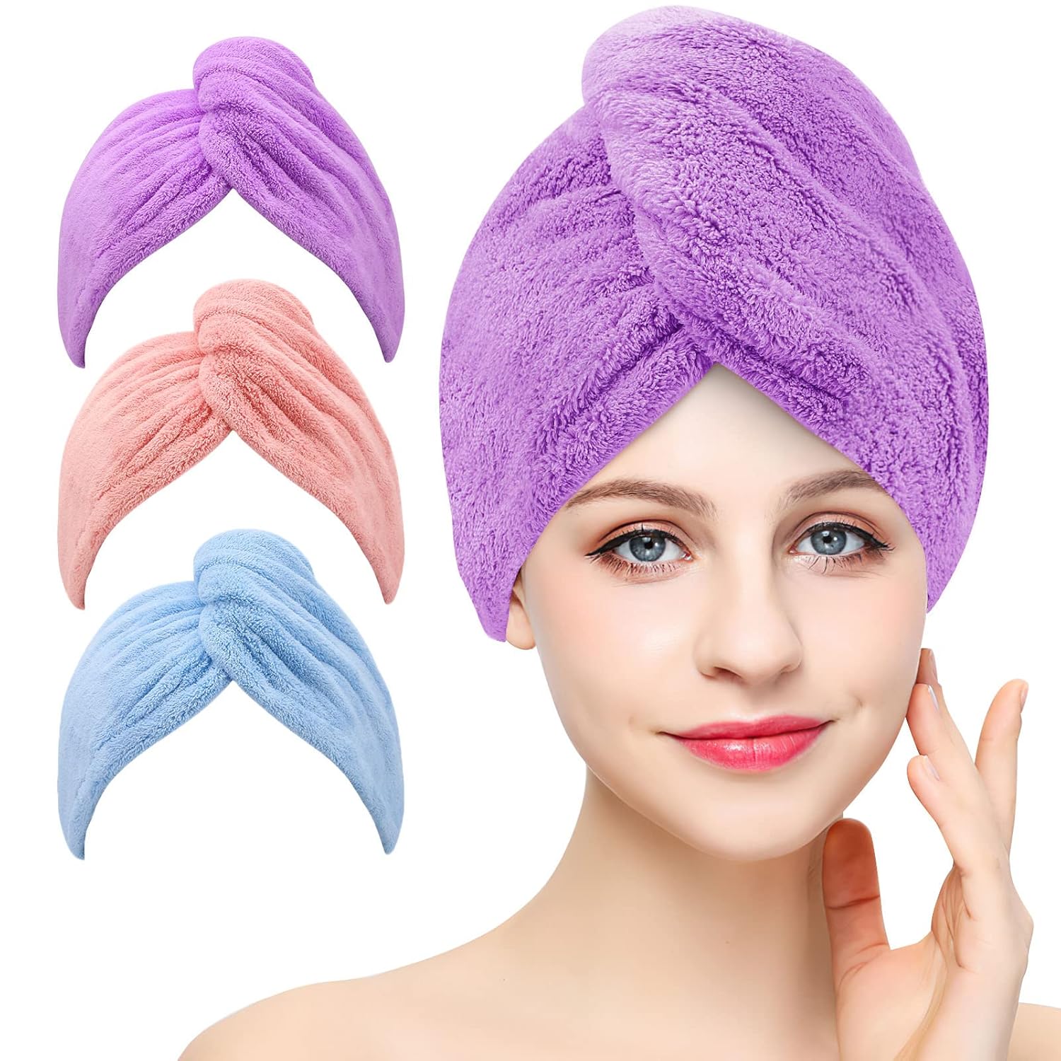 BEoffer Microfiber Hair Towel 3 Pack - Turbans for Women Men Kids