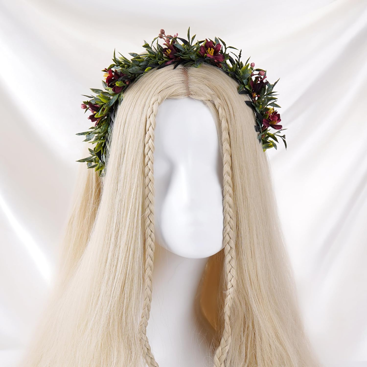 KorViSHOW Leaf Flower Crown Dark Red Headband for Women Girls