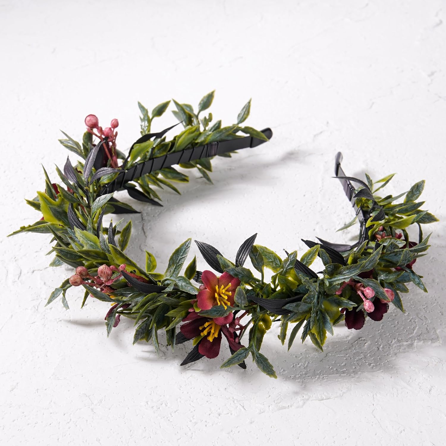 KorViSHOW Leaf Flower Crown Dark Red Headband for Women Girls
