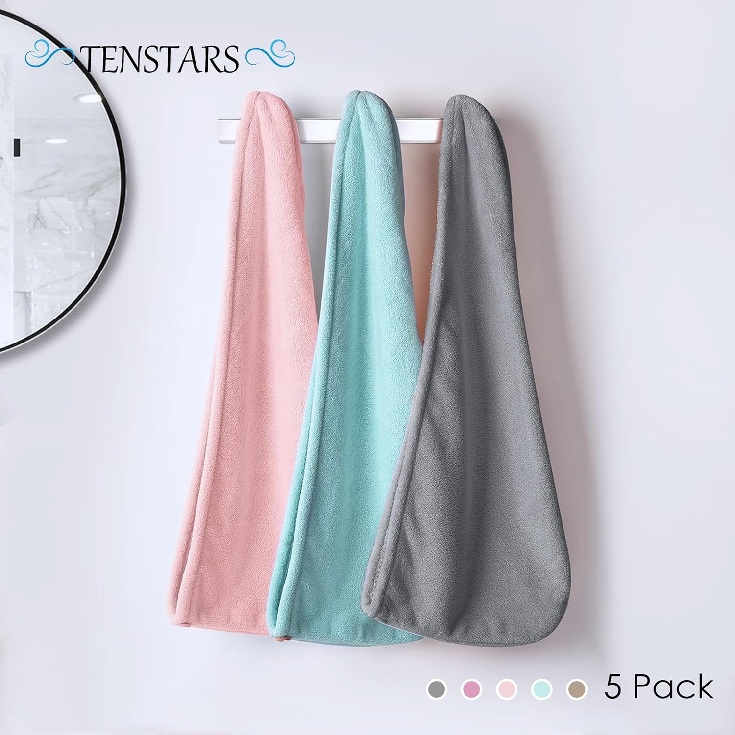 TENSTARS 5 Pack Hair Towel Wrap - Quick Dry Elastic Loop Design