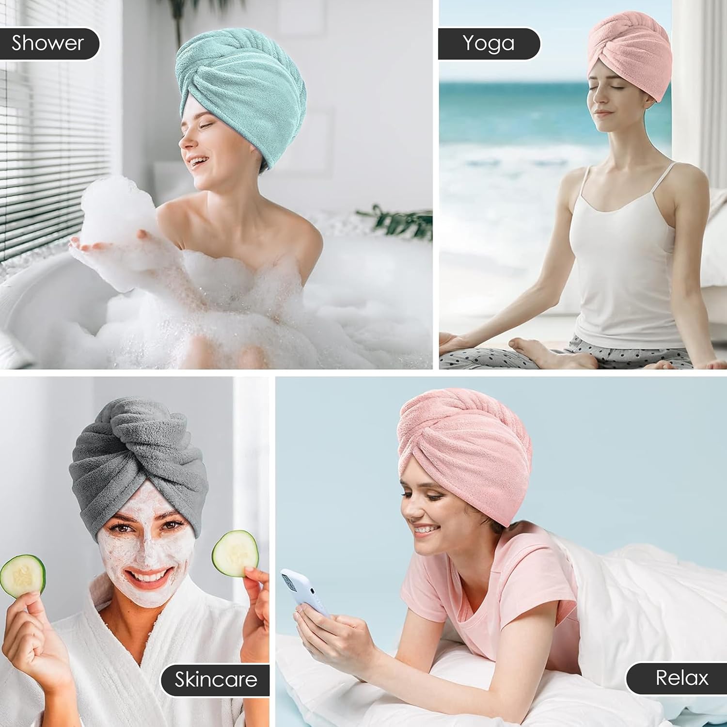 TENSTARS 5 Pack Hair Towel Wrap - Quick Dry Elastic Loop Design