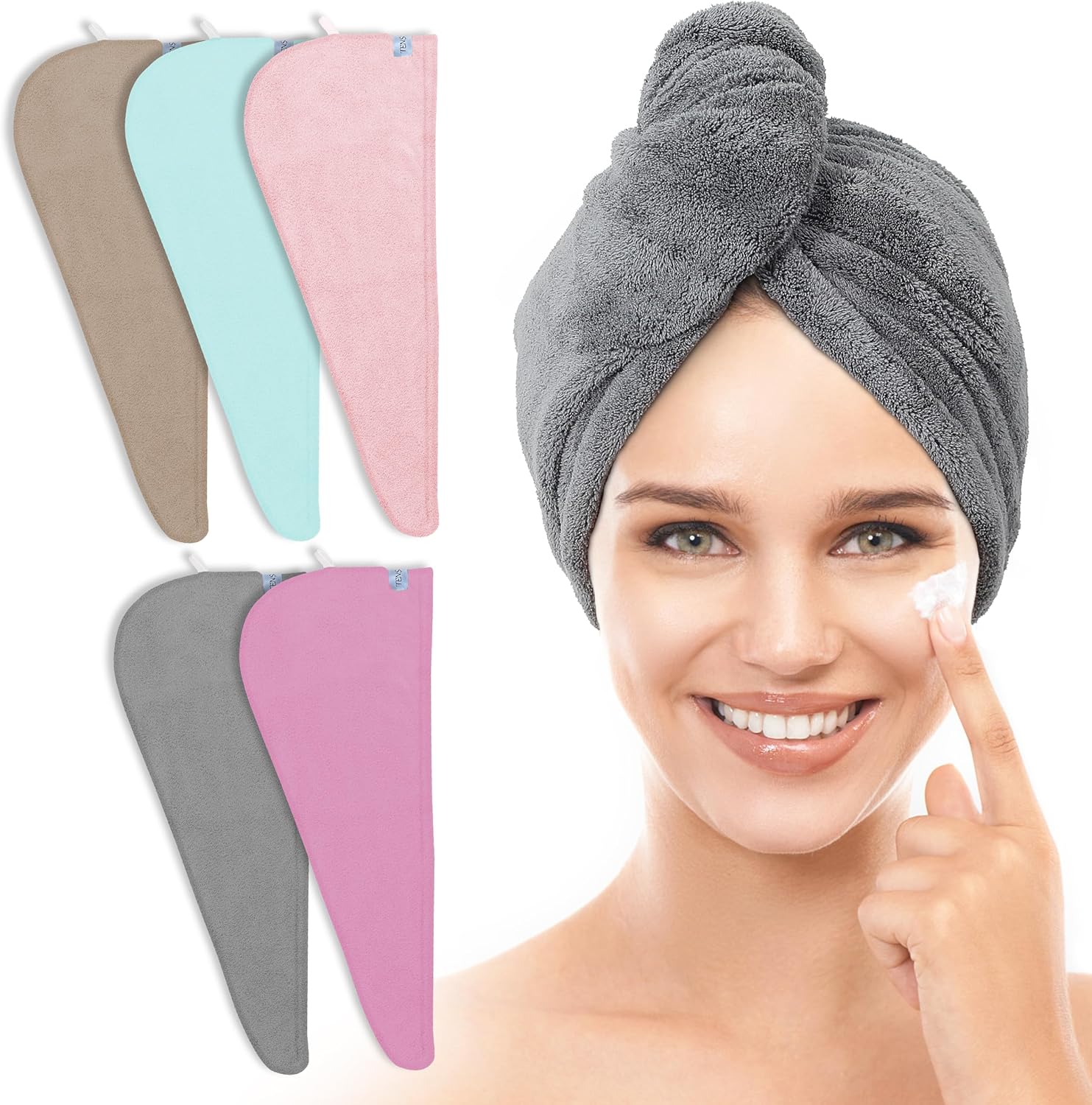 TENSTARS 5 Pack Hair Towel Wrap - Quick Dry Elastic Loop Design