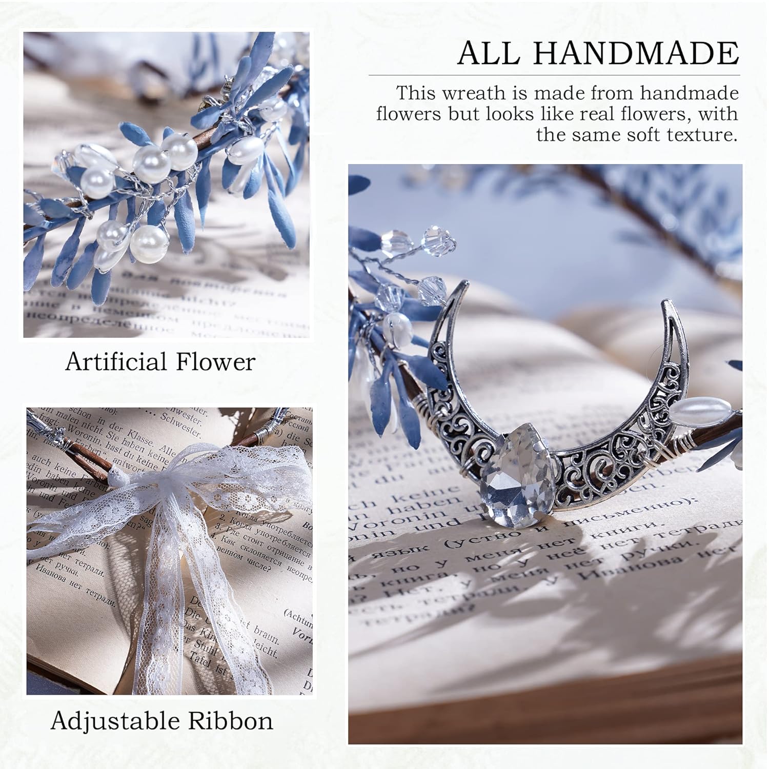 MOSTORY Handmade Silver Moon Crown with Rhinestone Flowers
