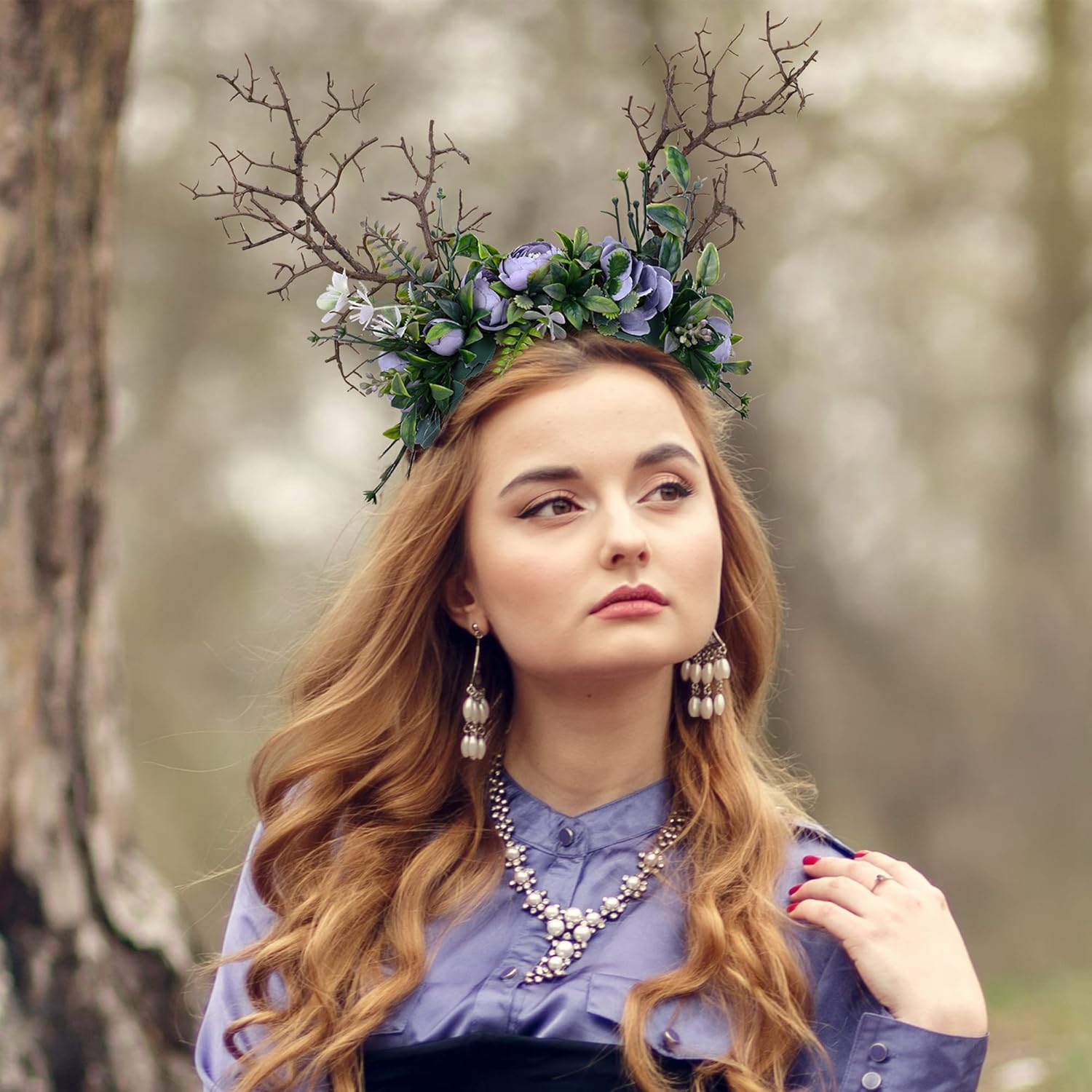 MOSTORY Woodland Branch Headband with Purple Rose
