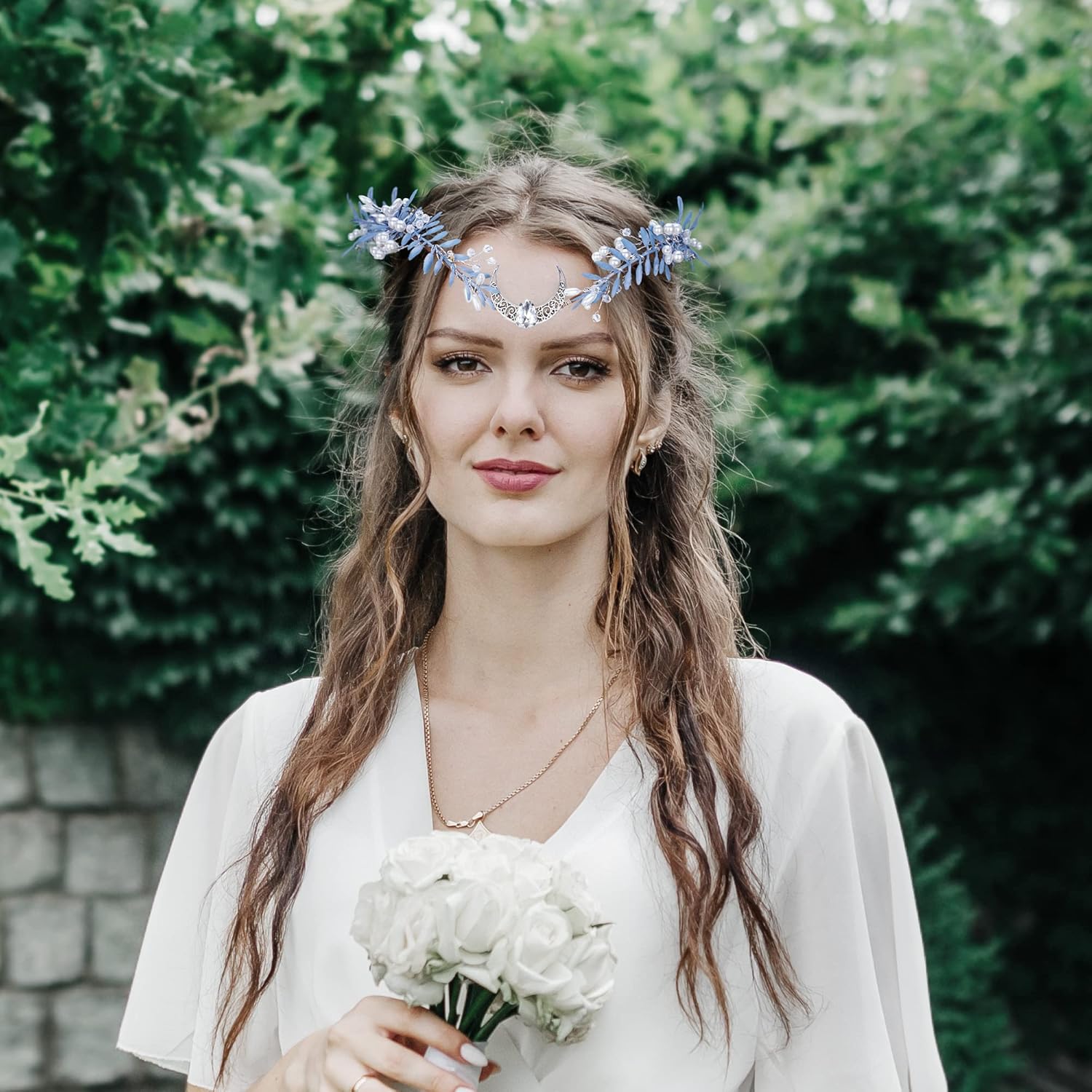 MOSTORY Handmade Silver Moon Crown with Rhinestone Flowers