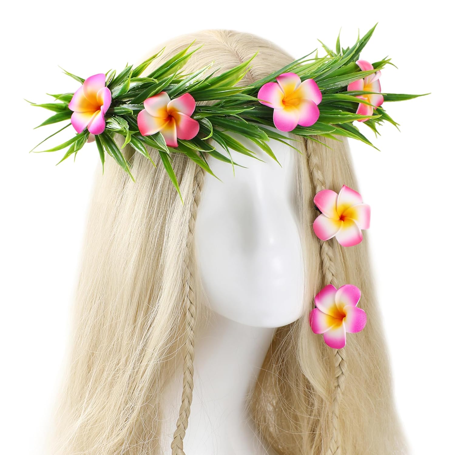 Hawaiian Flower Crown Headband - 3 Pcs Plumeria Hair Clips