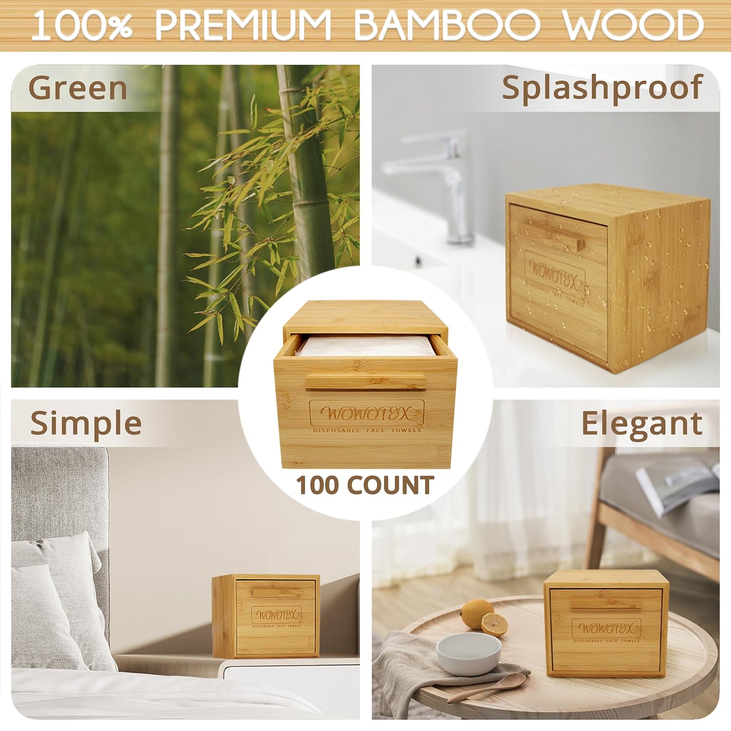 WOWOTEX Luxe Bamboo Towel Container with 100 Biodegradable Face Towels 1