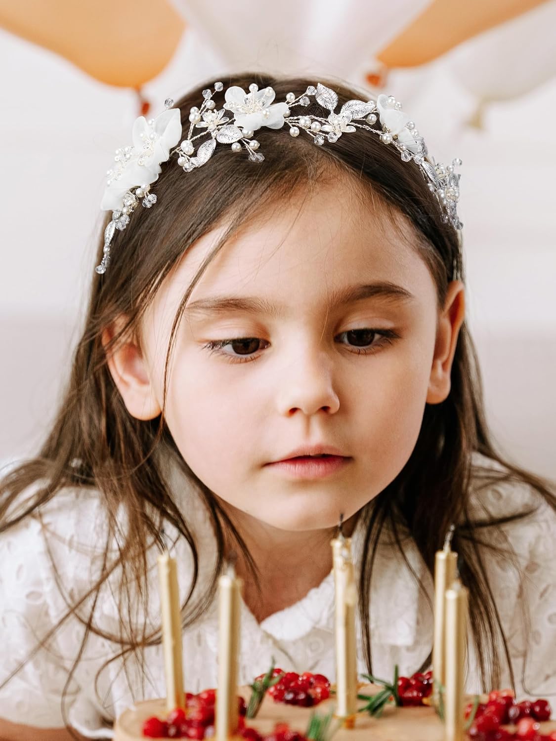 SWEETV Silver Flower Girl Headpiece with Pearls and Crystals