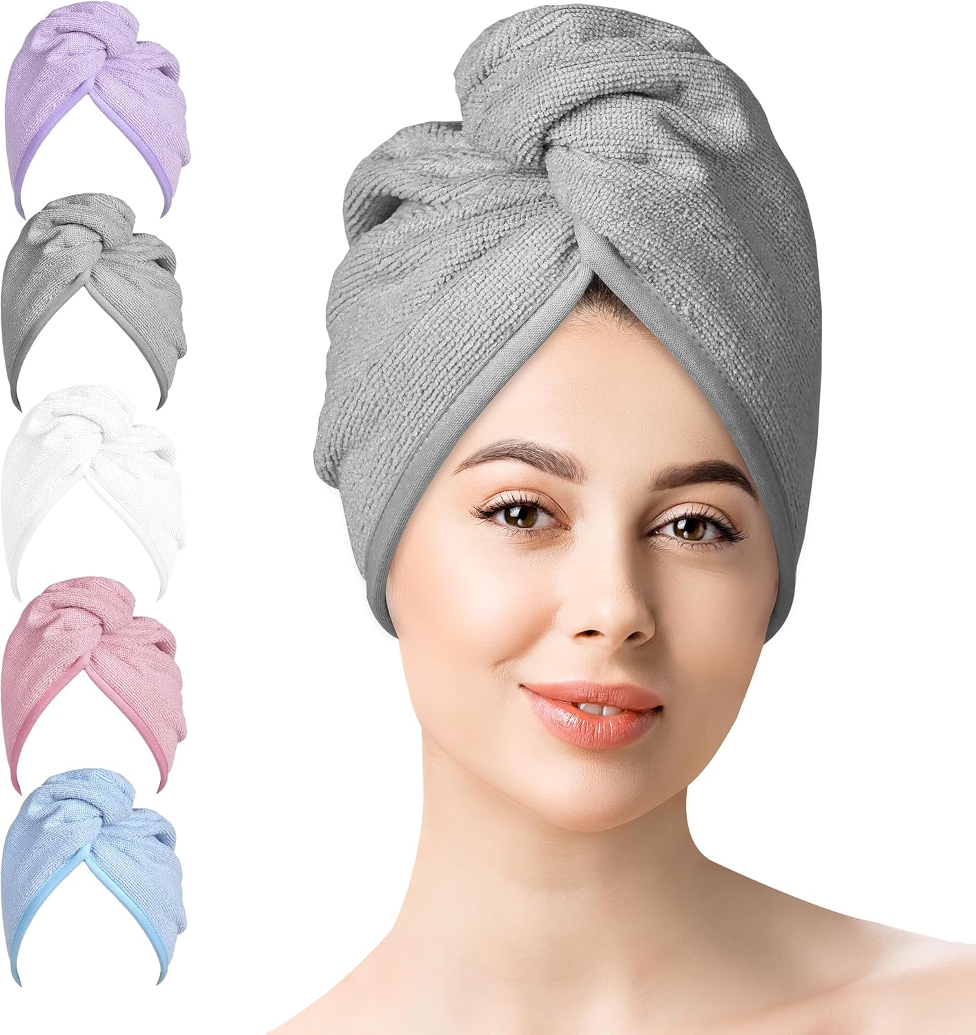 YoulerTex Microfiber Hair Towel Set - 5 Pack Turban Shower Cap