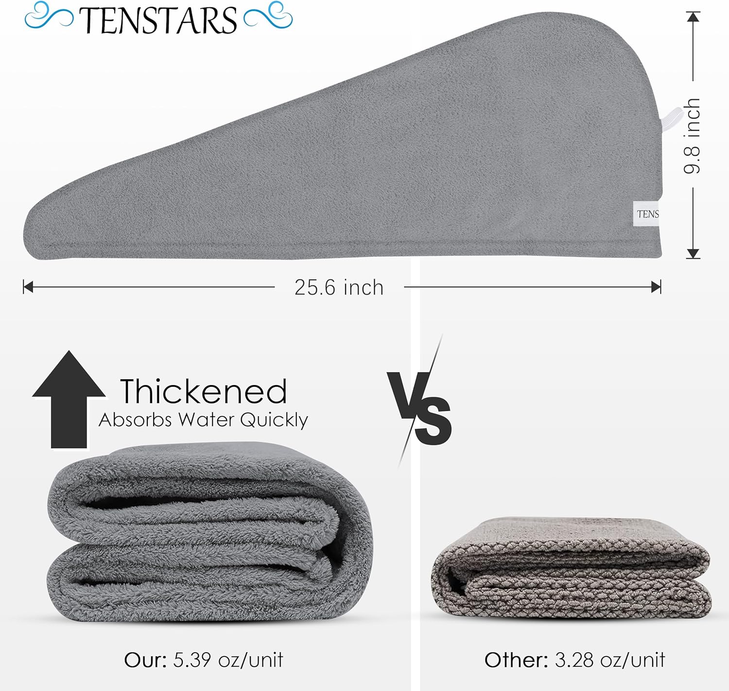 TENSTARS 5 Pack Hair Towel Wrap - Quick Dry Elastic Loop Design