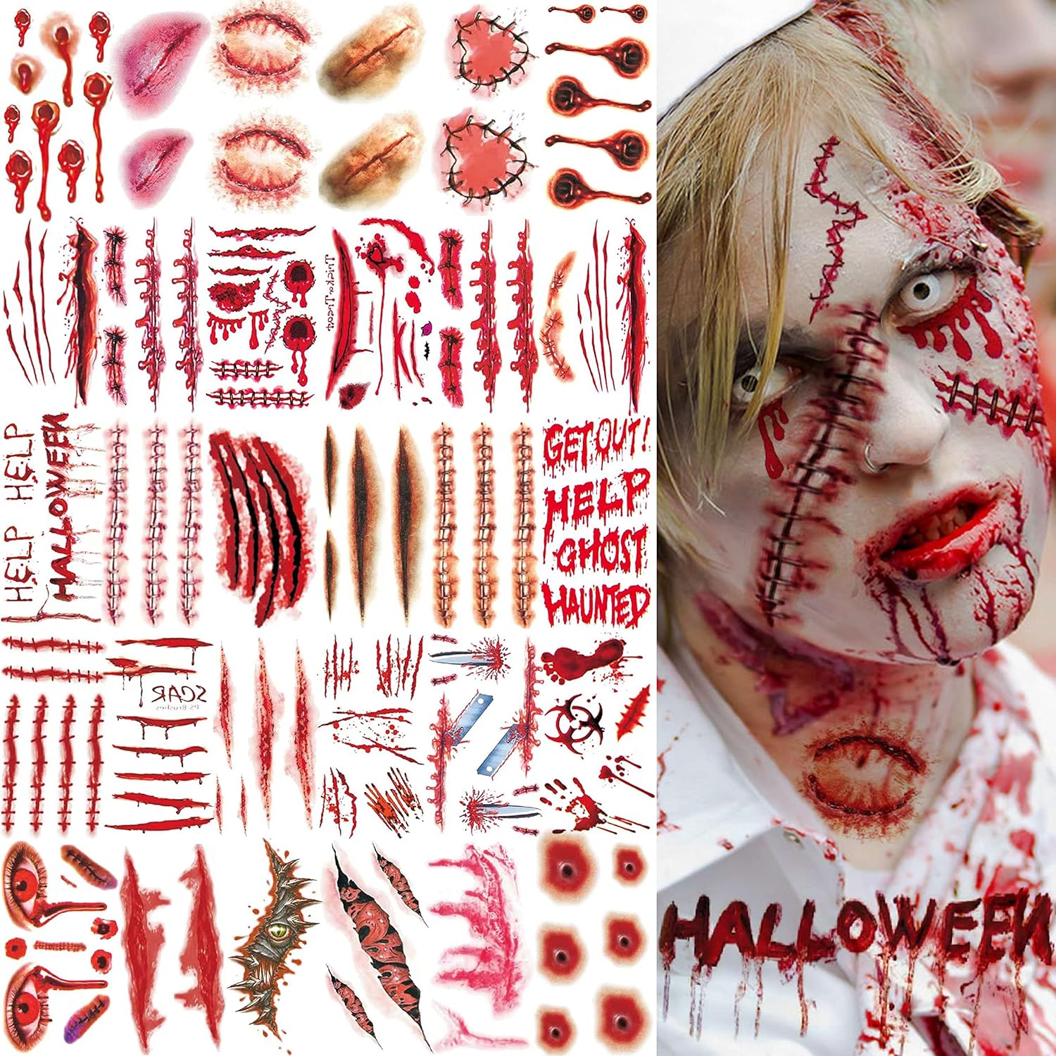 VANTATY 215 PCS 30 Sheets 3D Fake Scars Temporary Halloween Makeup Kit