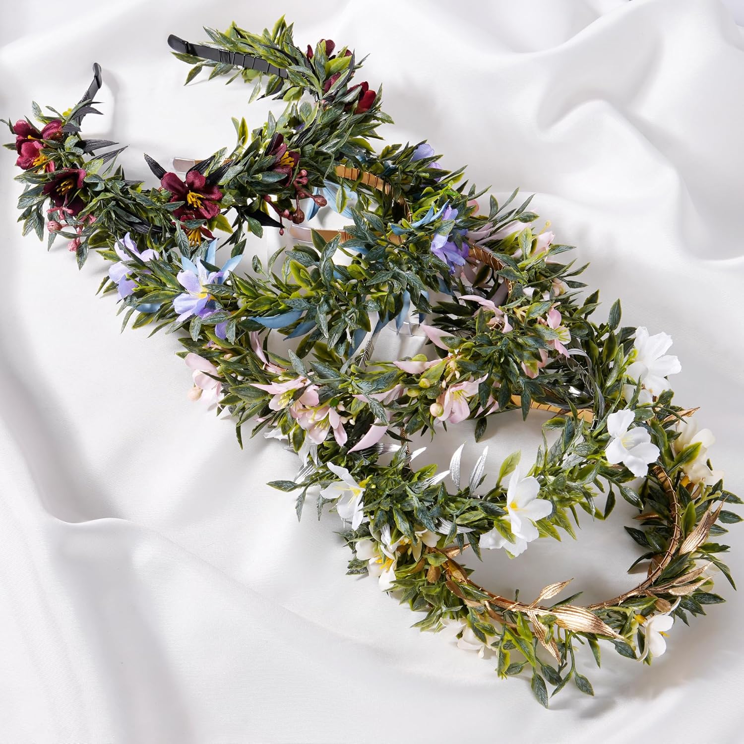KorViSHOW Leaf Flower Crown Dark Red Headband for Women Girls
